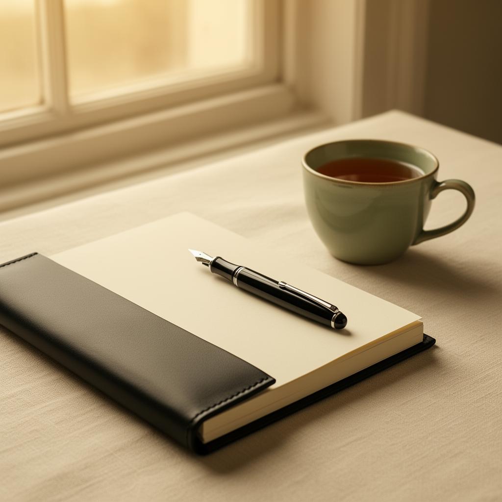 A leather journal with fountain pen and tea in soft morning light